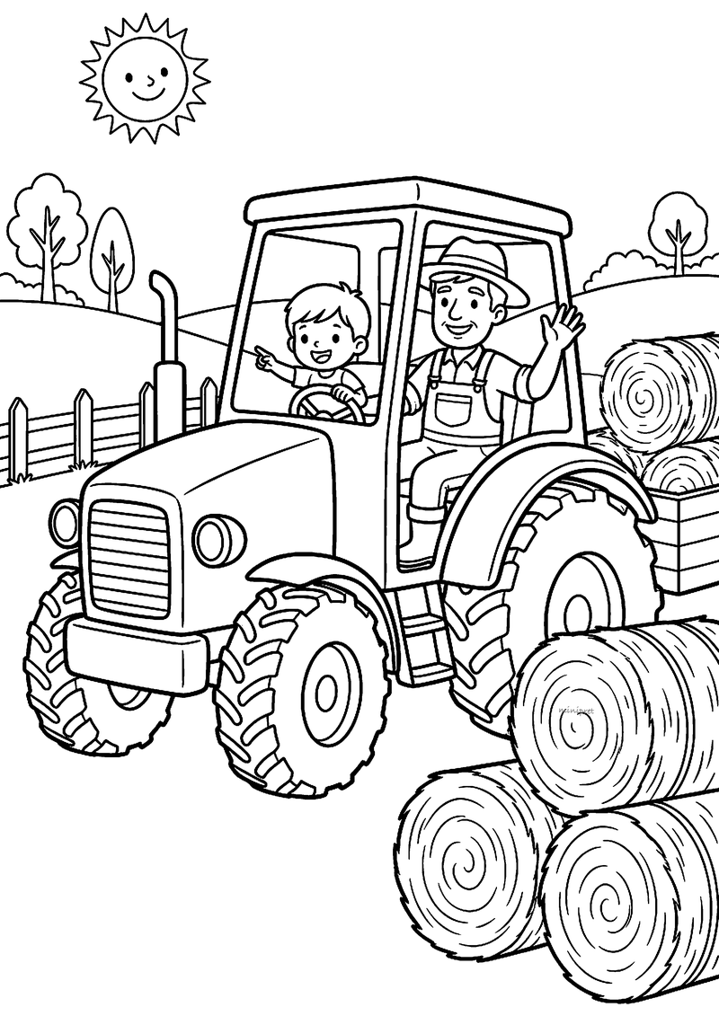 Kleurplaat van een zwaaiende boer met hoed en een kind achter het stuur van een tractor met een aanhanger vol hooibalen