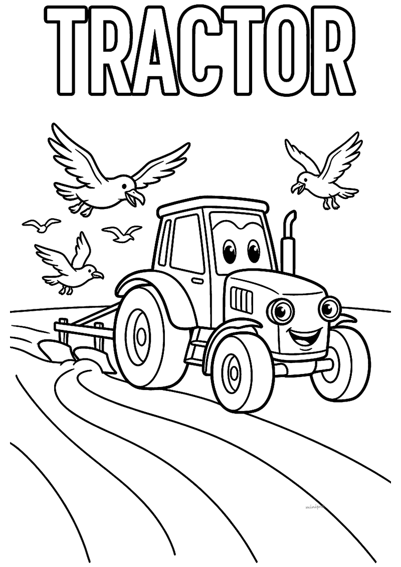 Kleurplaat van een tractor met een vrolijk gezicht die een ploeg over het land trekt terwijl meeuwen erboven vliegen