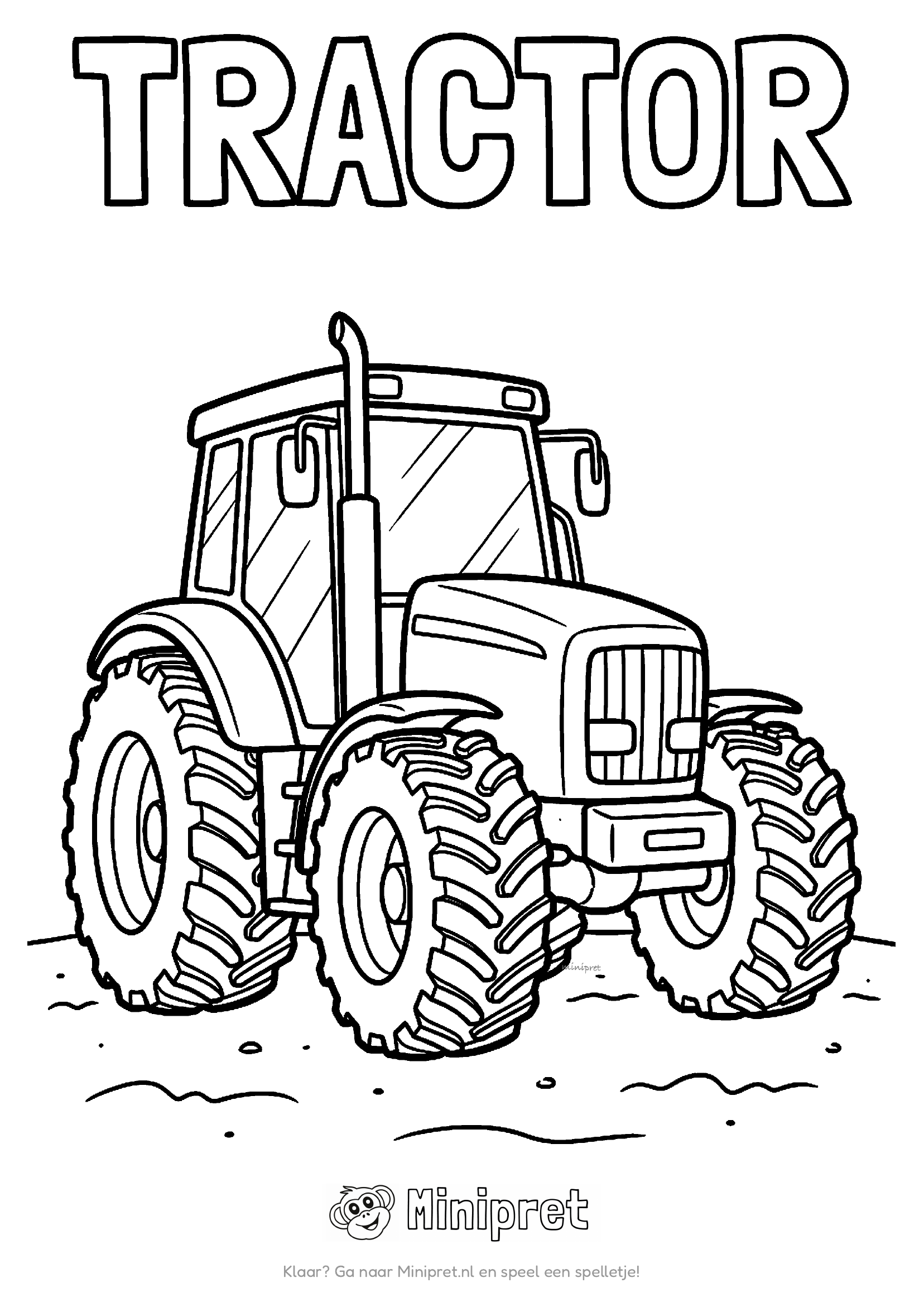 Moderne tractor met dikke profielbanden en een hoge cabine, met het woord TRACTOR in dikke holle letters erboven