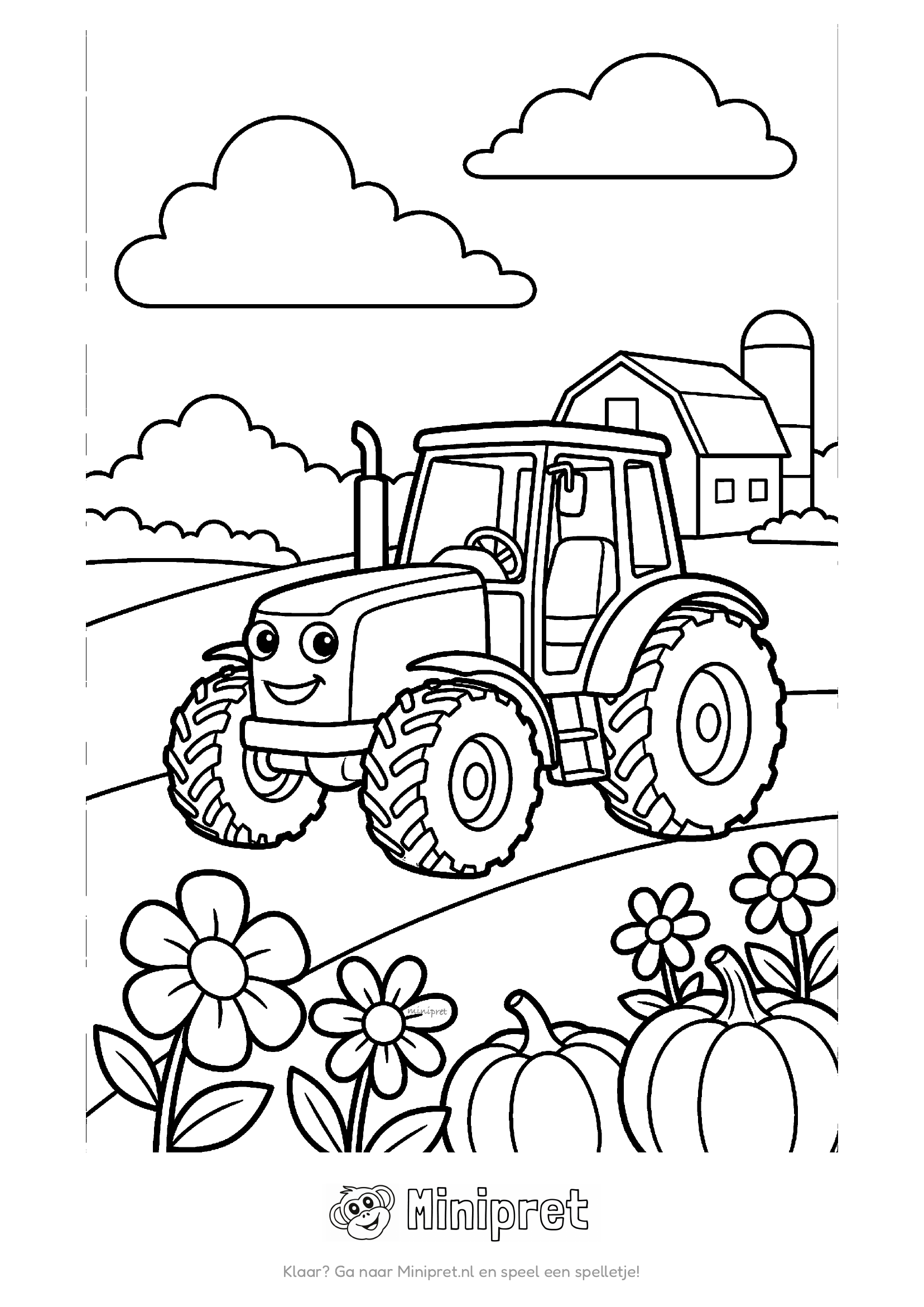 Vrolijke cartoon-tractor met lachend gezicht op een boerderij met schuur, bloemen en pompoenen op de voorgrond