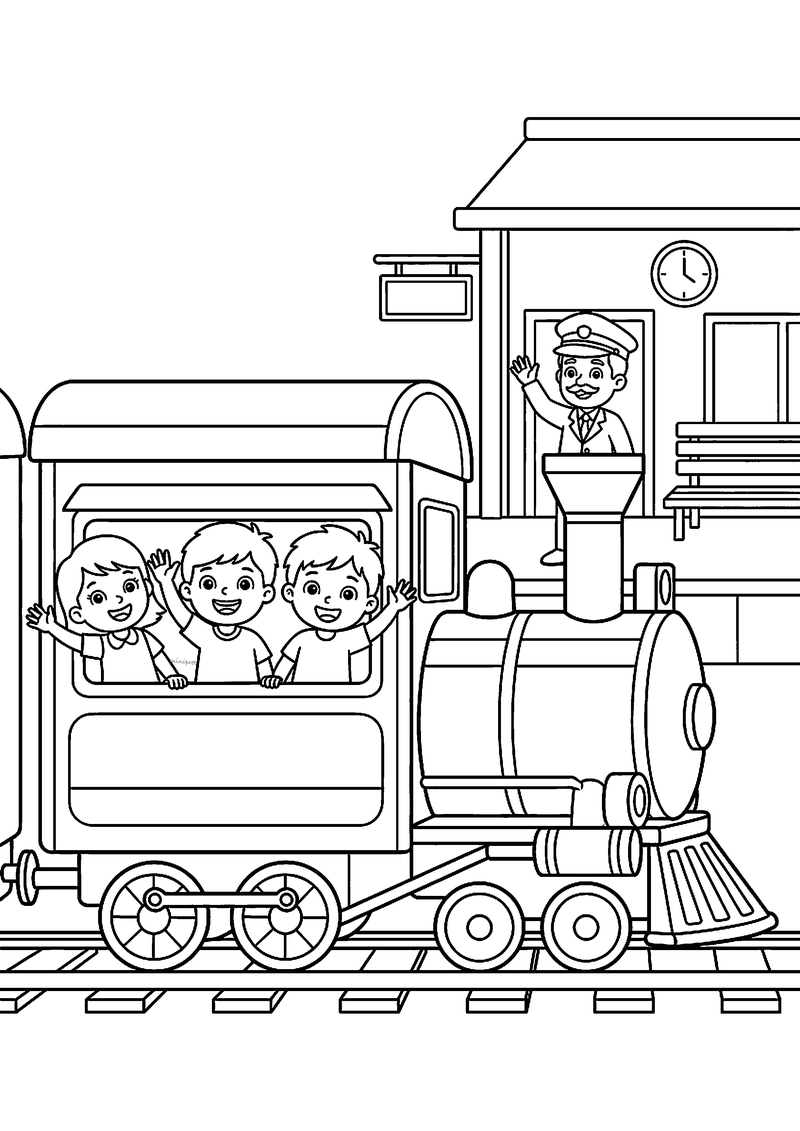 Kleurplaat van drie zwaaiende kinderen in een treinwagon achter een stoomlocomotief, met een zwaaiende stationschef