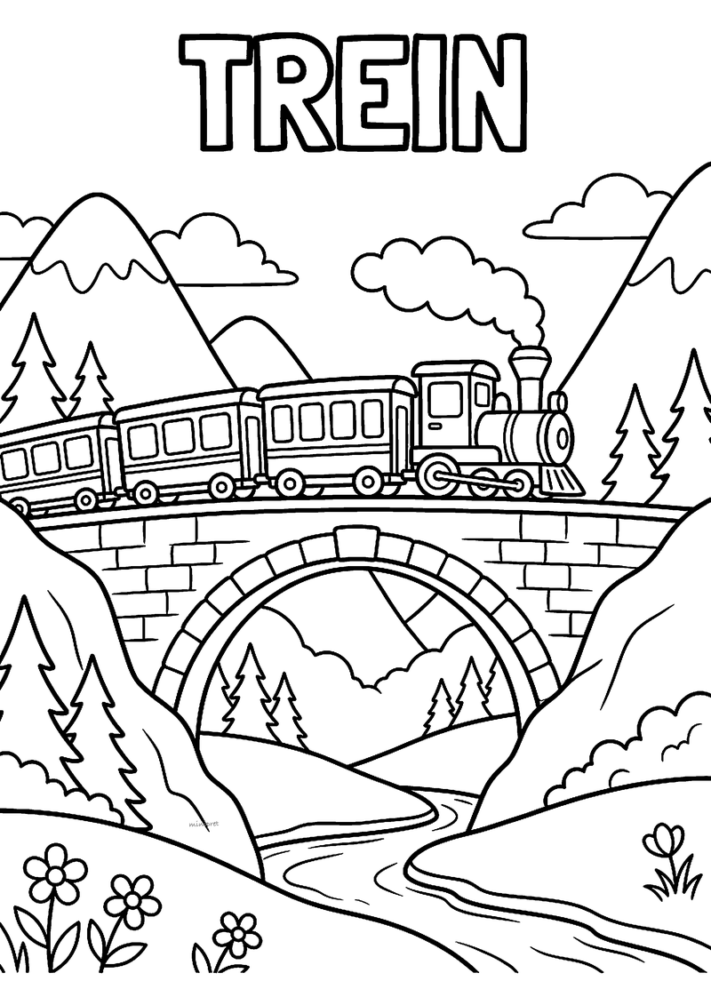 Kleurplaat van een stoomtrein met drie wagons op een stenen boogbrug over een rivier tussen besneeuwde bergen en dennen
