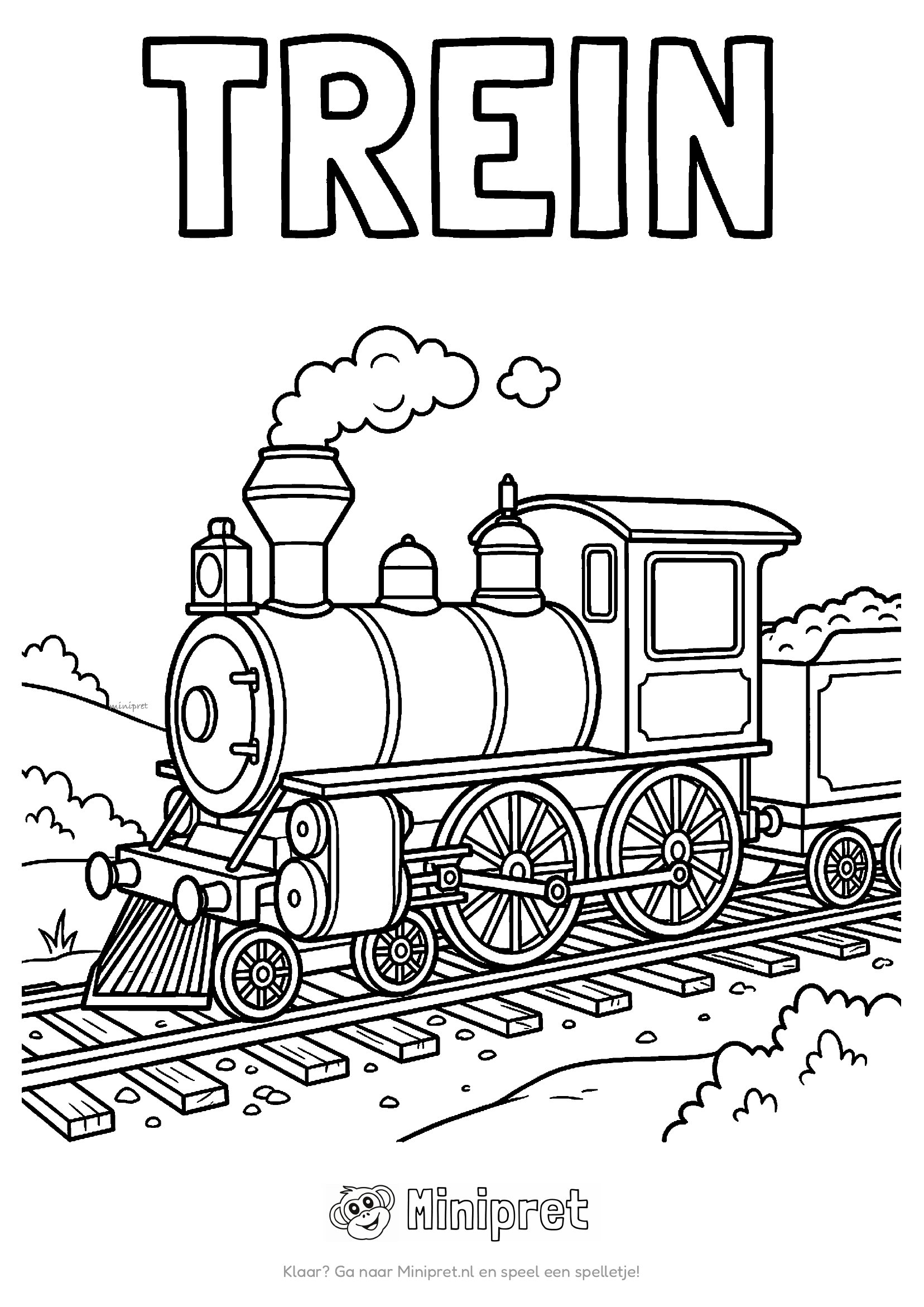 Stoomlocomotief op rails met rook uit de schoorsteen en wolken erboven, met het woord TREIN in dikke letters erboven