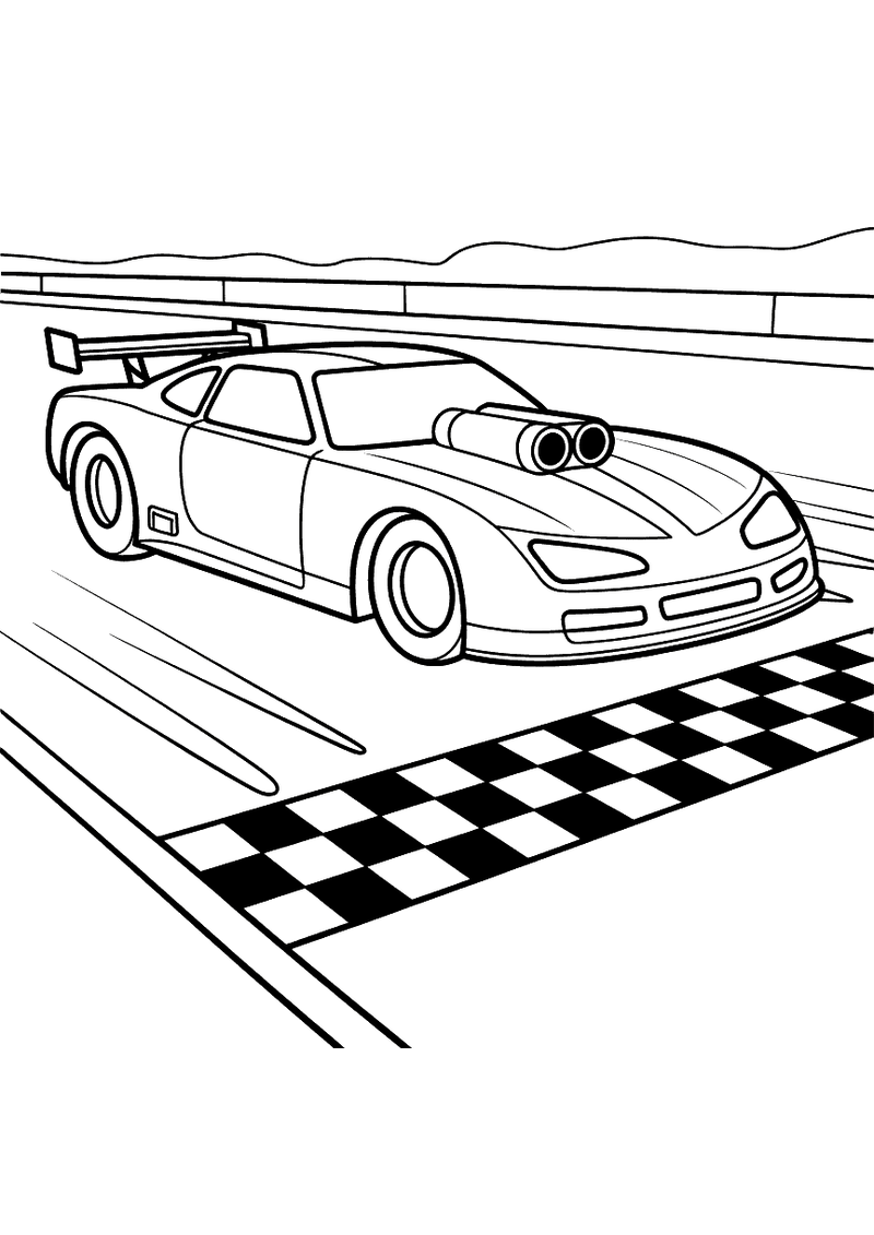 Kleurplaat van een brede racewagen met grote achterspoiler en dubbele uitlaten die over de geblokte finishlijn rijdt