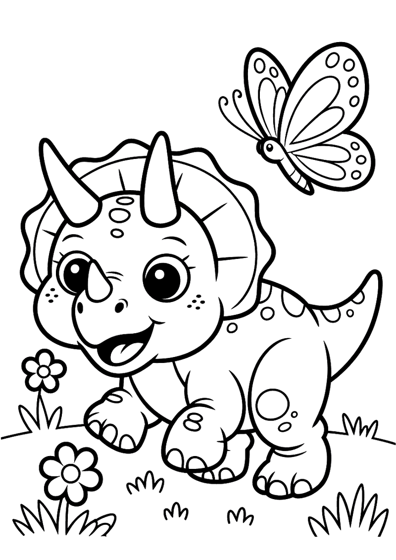 Kleurplaat van een schattige baby Triceratops met grote ogen die op een grasveld met bloemen naar een vlinder kijkt die