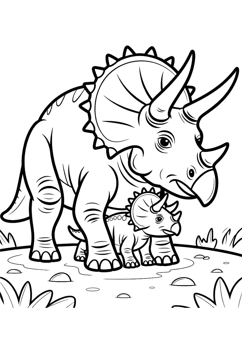 Kleurplaat van een grote Triceratops die over een kleine baby Triceratops heen gebogen staat op een open vlakte met gras