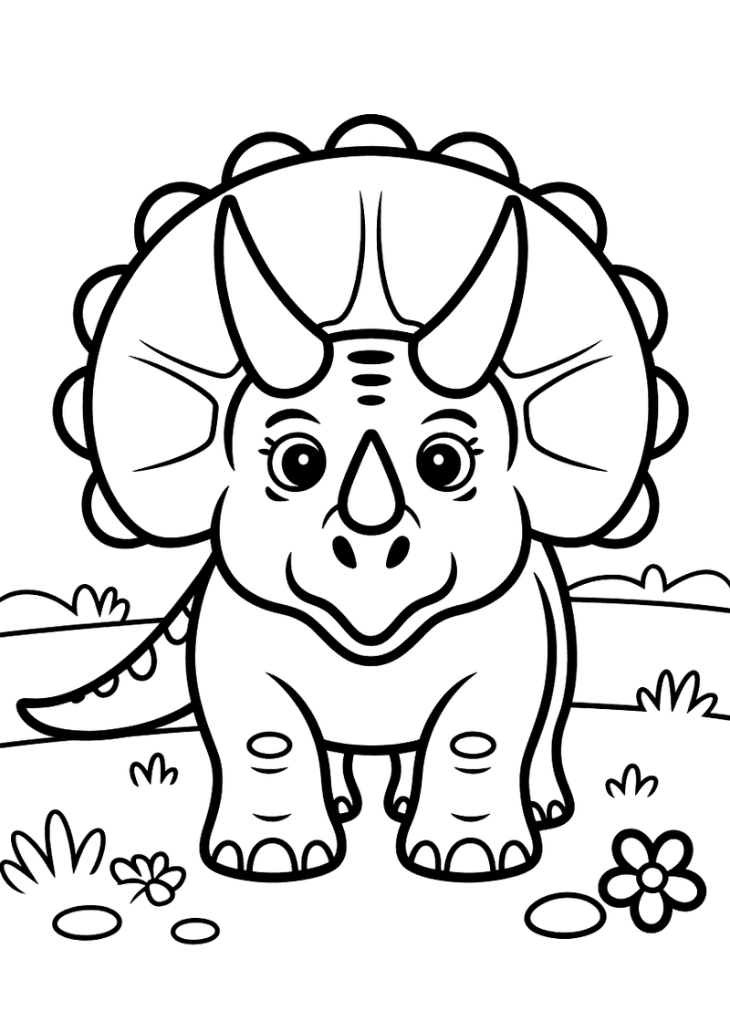 Kleurplaat van een lachende Triceratops recht van voren gezien met drie scherpe hoorns en breed versierd nekschild op ee