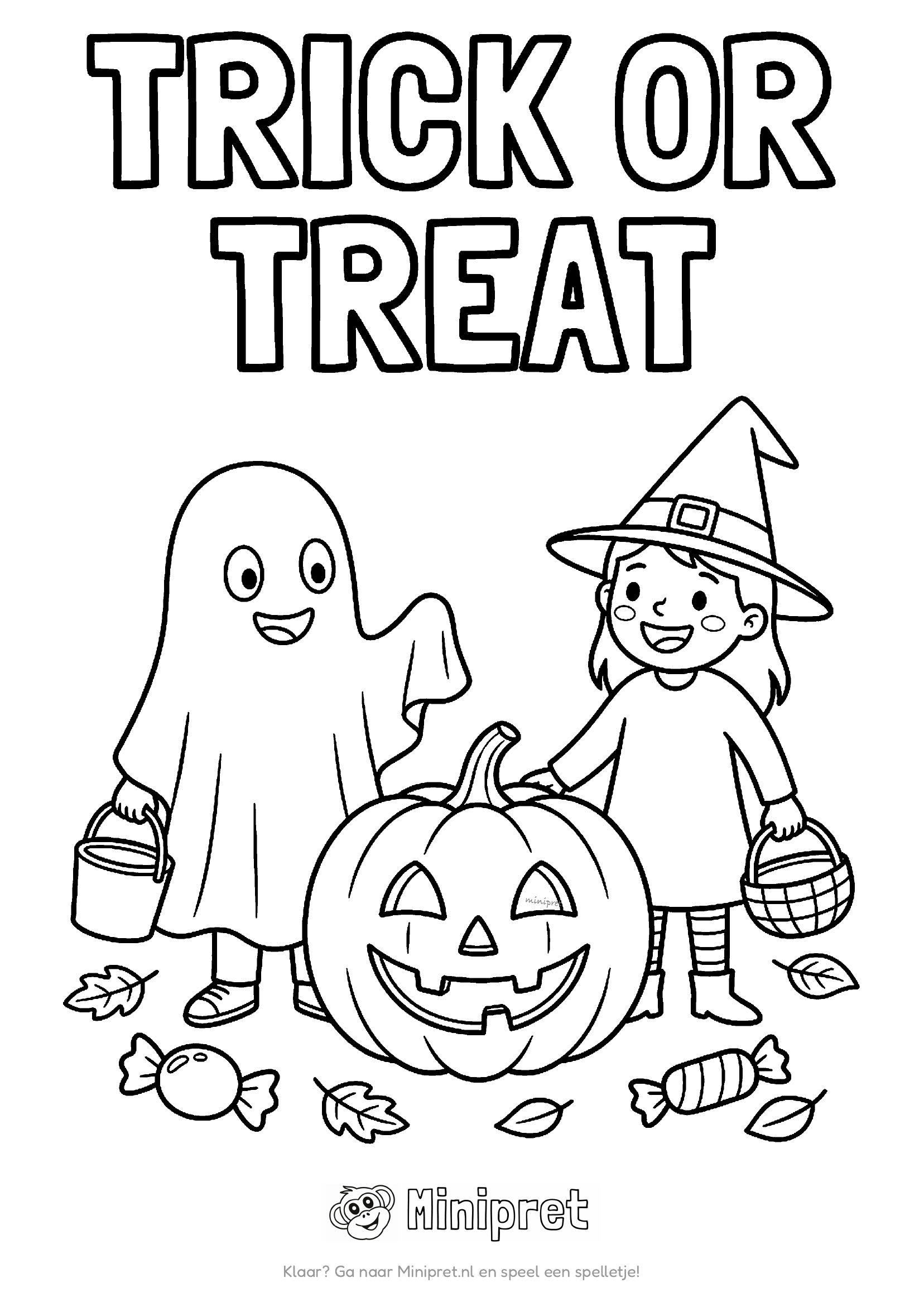 Trick or Treat kleurplaat — kinderen aan de deur in kostuum met snoepmandjes en pompoen-lampions