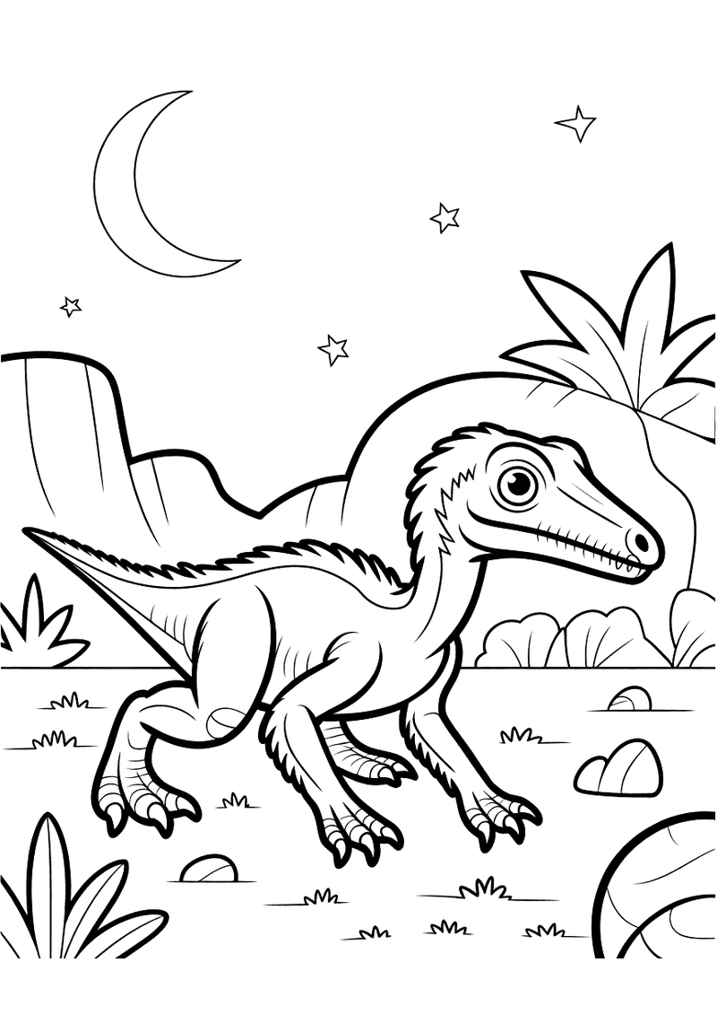 Kleurplaat van een Troodon die alert in een nachtelijk landschap staat met een wassende maan, sterren en prehistorische