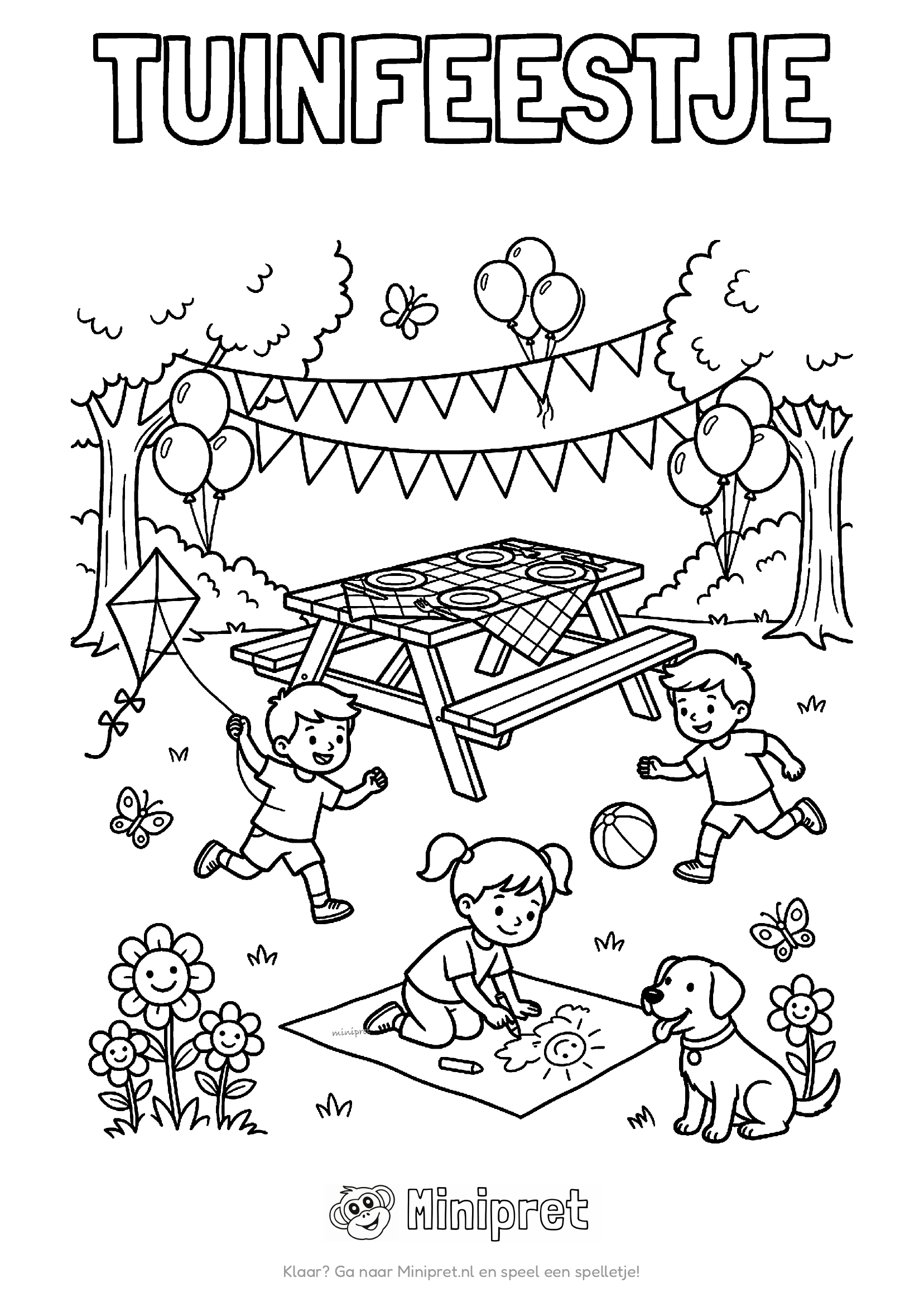 Tuinfeestje kleurplaat — kinderen aan een gedekte tafel in de tuin met slingers, bloemen en taart