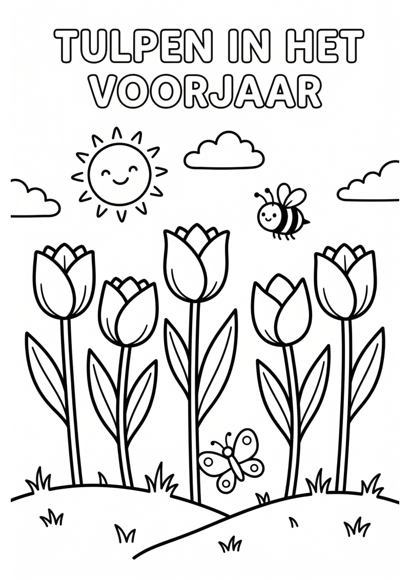 Tulpen in het Voorjaar Kleurplaat — gratis kleurplaat