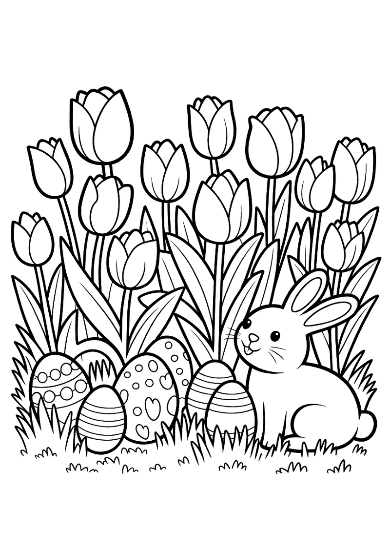 Kleurplaat van een rij hoge bloeiende tulpen met een klein konijn dat ertussen schuilt naast gedecoreerde paaseieren in