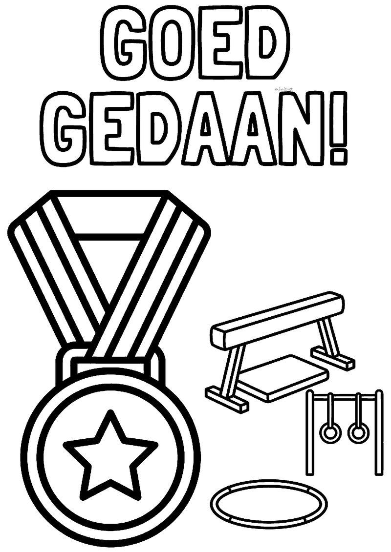 Kleurplaat van een grote medaille met ster aan een gestreept lint, met de tekst Goed gedaan en turntoestellen ernaast