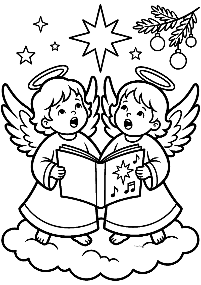 Kleurplaat van twee schattige engelen met halo's en grote vleugels die samen uit een liedboek met muzieknoten zingen.