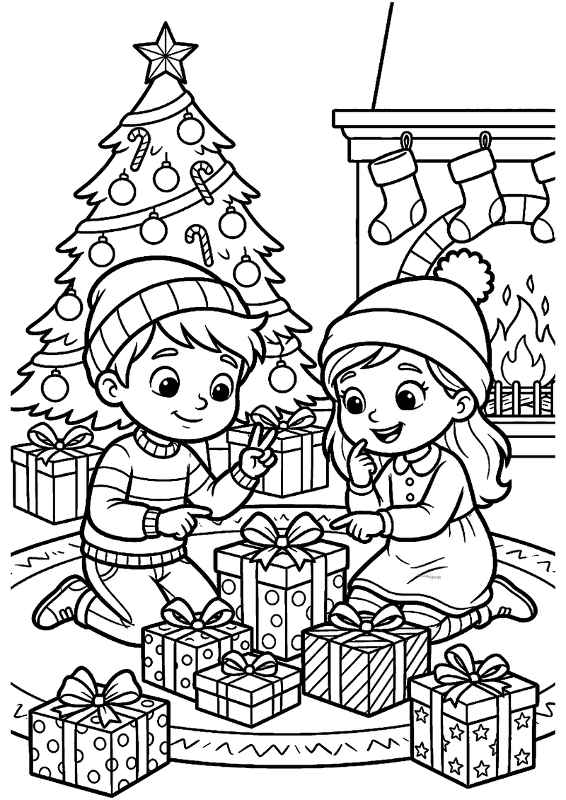 Kleurplaat van jongen en meisje met mutsen die op knieën bij een stapel kerstcadeaus zitten en samen één cadeau.