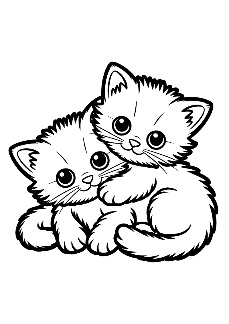 Kleurplaat van twee kittens die tegen elkaar aan gekropen knuffelen met hun staarten verstrengeld
