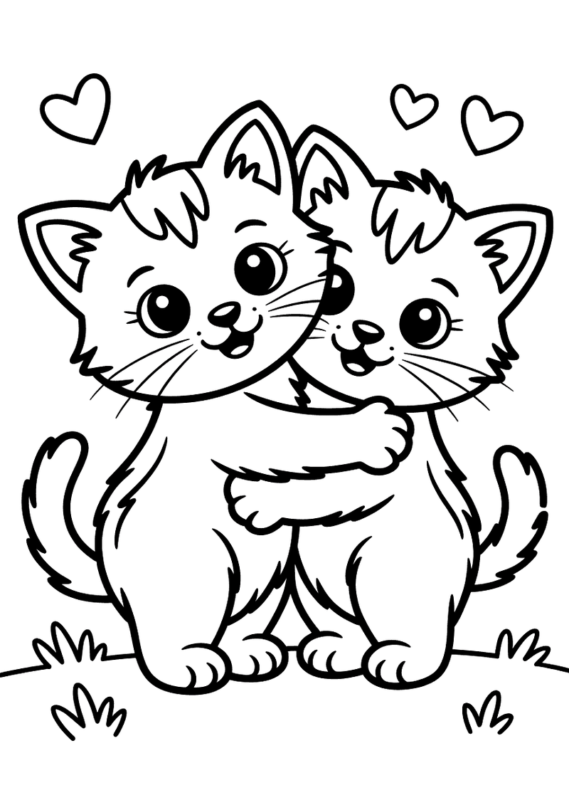 Zwart-wit kleurplaat van twee kleine kittens die elkaar omhelzen tussen kleine hartjes en grassprietjes.