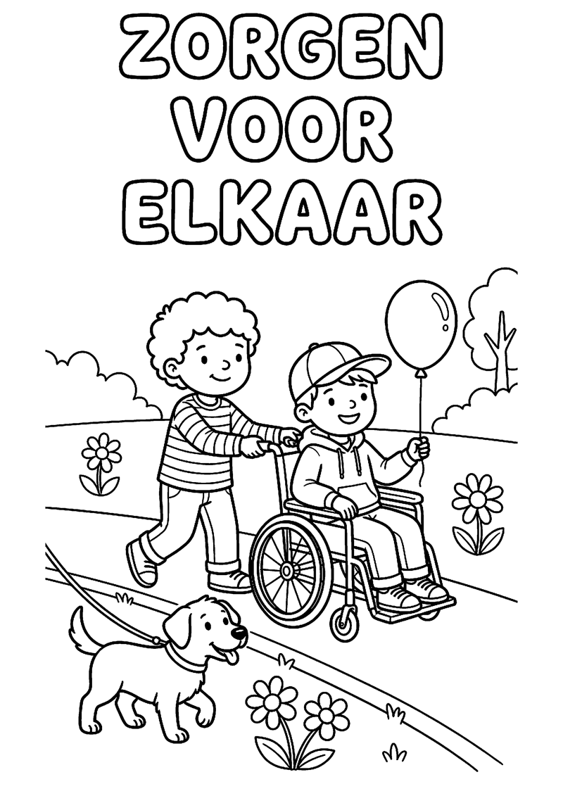 Twee Mensen die Elkaar Helpen met Rolstoel of Arm om Schouder met Tekst Zorgen voor Elkaar Zorg Kleurplaat — gratis kleurplaat printen