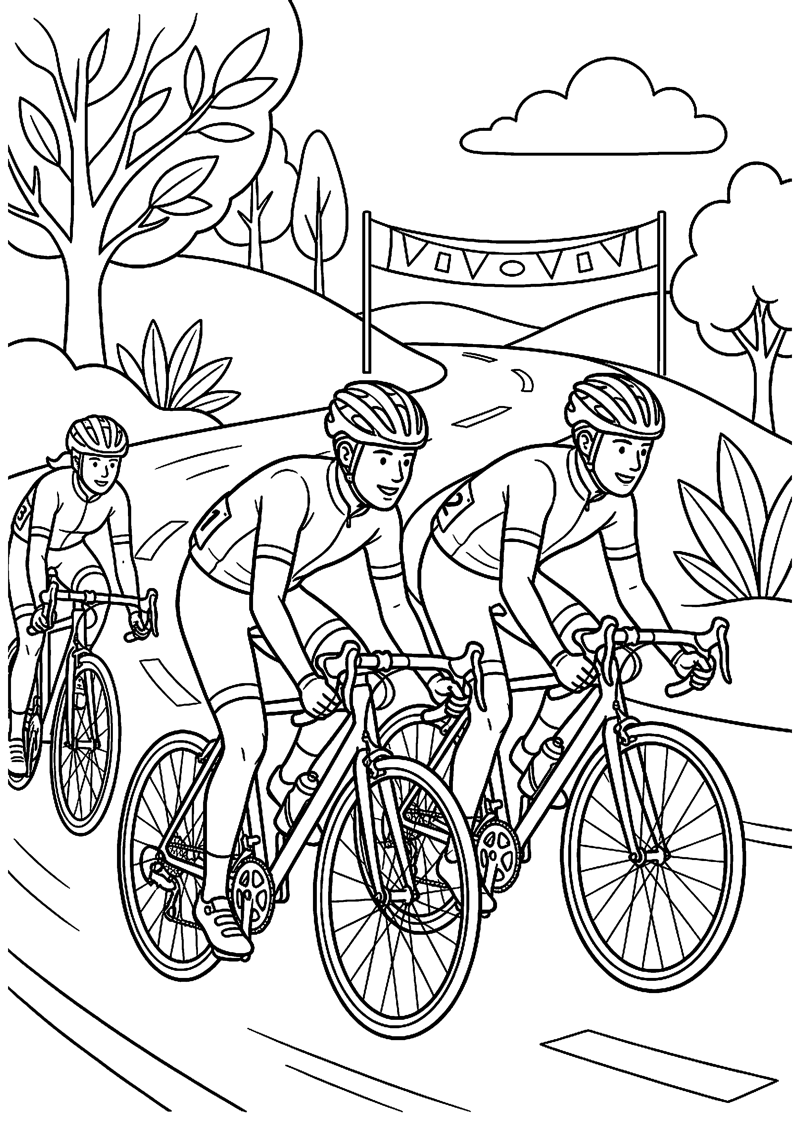 Twee of Drie Wielrenners Samen in Koers Tour de France Kleurplaat — gratis kleurplaat printen