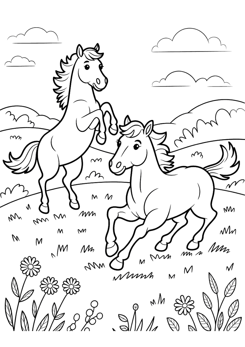 Kleurplaat van twee paarden die samen spelen in een veld met bloemen waarbij het ene paard steigert en het andere naast 