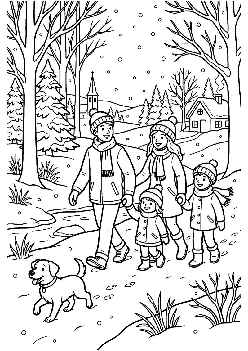 Kleurplaat van een familie van vier en hond die door een besneeuwd bos wandelt met kerk en huisjes op de achtergrond.
