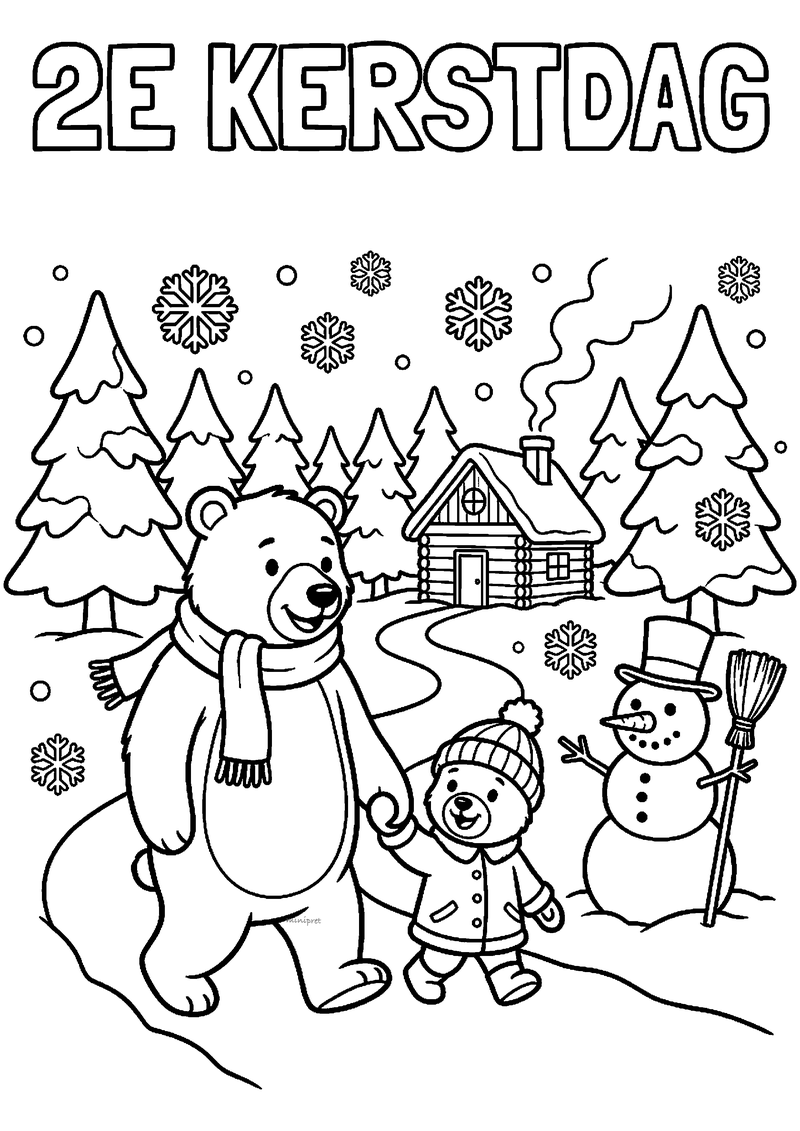Kleurplaat met 2E KERSTDAG titel: grote beer met sjaal wandelt met kleine beer in winterjas door besneeuwd bos.