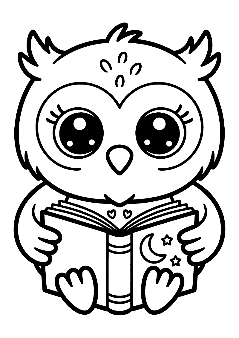 Kleurplaat van een kawaii babyuil met enorme ogen die een opengeslagen boek met maan en sterren in de pootjes vasthoudt.