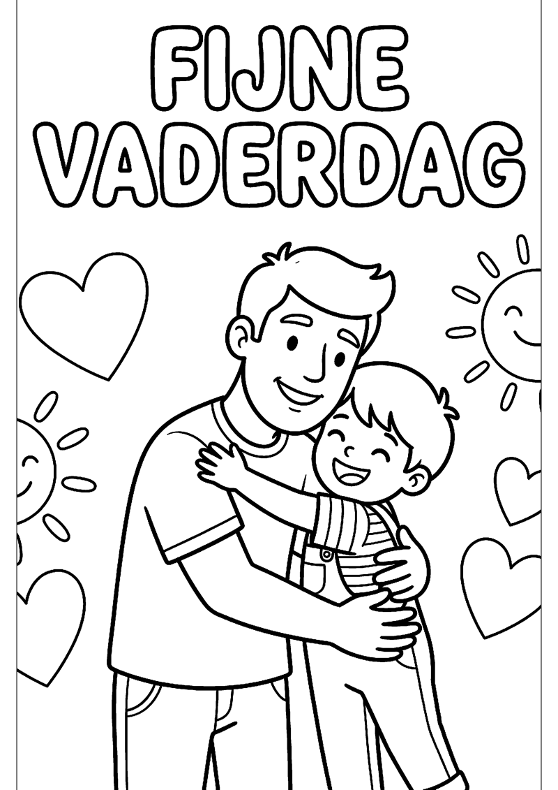 Vader en Kind Geven Elkaar een Knuffel met Tekst Fijne Vaderdag Vaderdag Kleurplaat — gratis kleurplaat