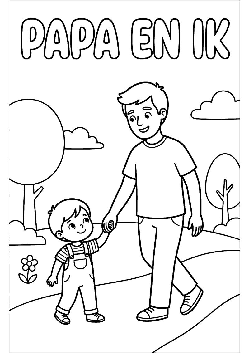 Vader en Kind Hand in Hand met Tekst Papa en Ik Vaderdag Kleurplaat — gratis kleurplaat printen
