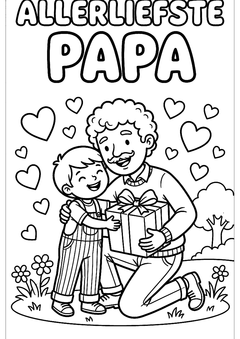 Vader en Kind met Hartjes en Cadeau met Tekst Allerliefste Papa Vaderdag Kleurplaat — gratis kleurplaat printen