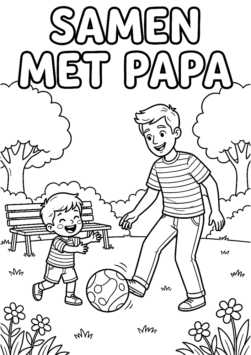 Vader en Kind Spelen Samen met Bal met Tekst Samen met Papa Vaderdag Kleurplaat — gratis kleurplaat printen