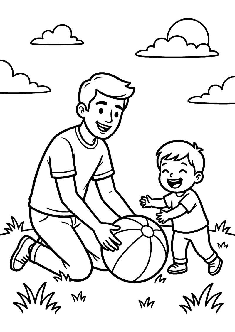 Vader en Kind Spelen Samen met een Bal Vaderdag Kleurplaat — gratis kleurplaat printen