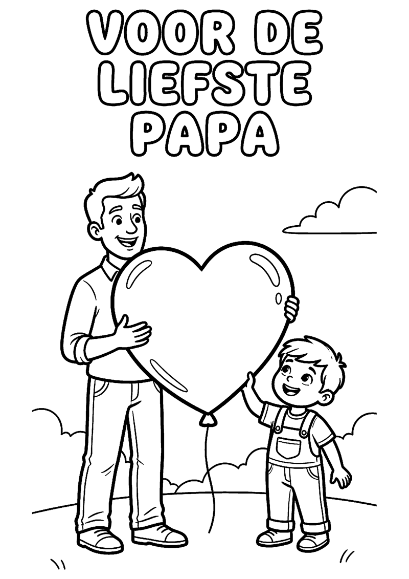 Vader Houdt Groot Hart Vast met Kind Ernaast met Tekst voor de Liefste Papa Vaderdag Kleurplaat — gratis kleurplaat printen