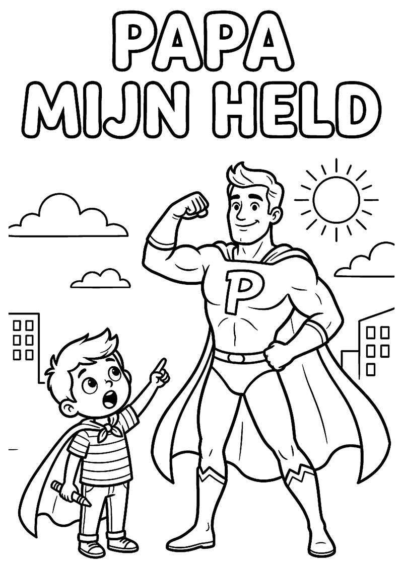 Vader in Heldenpose met Kind Bewonderend Ernaast met Tekst Papa Mijn Held Vaderdag Kleurplaat — gratis kleurplaat printen
