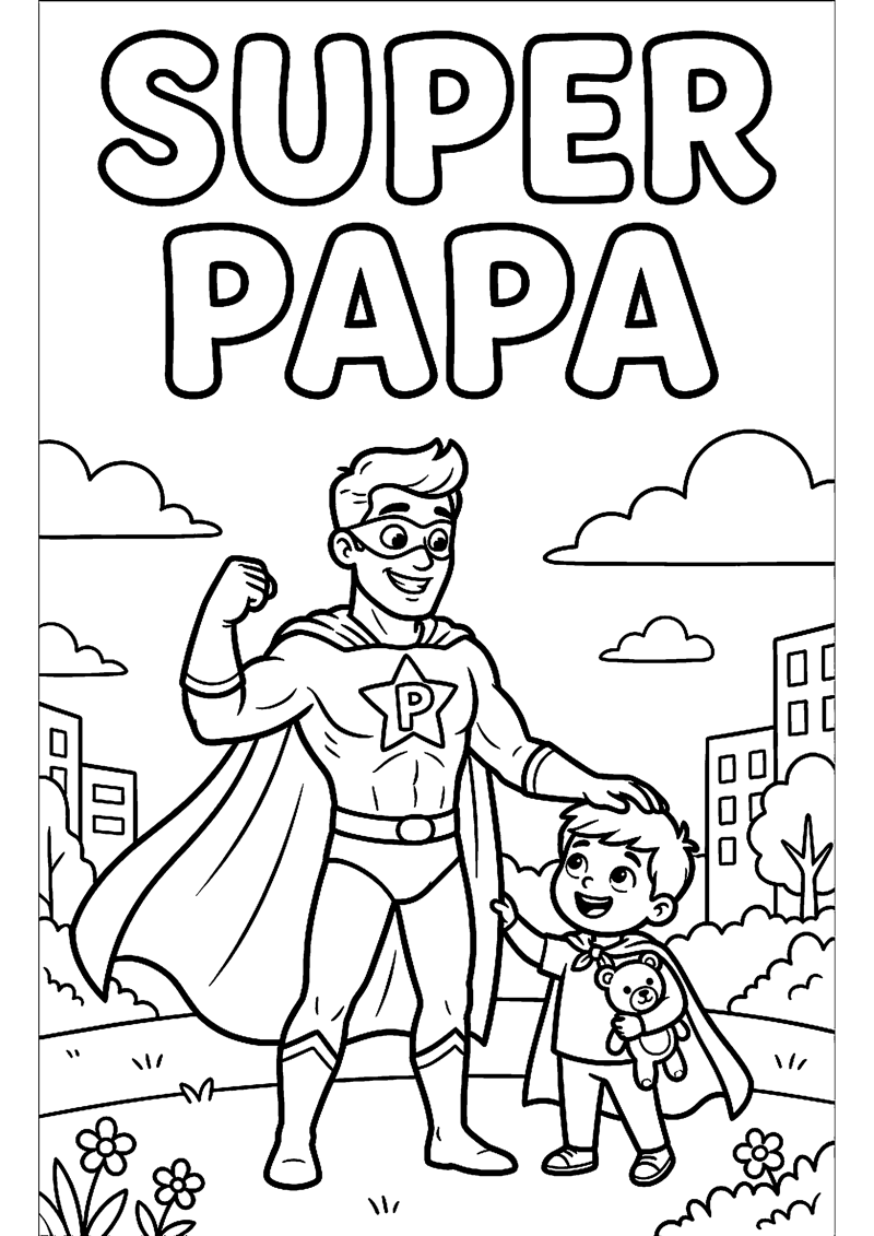Vader in Superheldenstijl met Cape met Kind Ernaast met Tekst Super Papa Vaderdag Kleurplaat — gratis kleurplaat printen