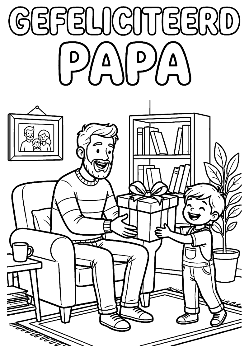 Vader Krijgt Cadeau van Kind met Tekst Gefeliciteerd Papa Vaderdag Kleurplaat — gratis kleurplaat printen