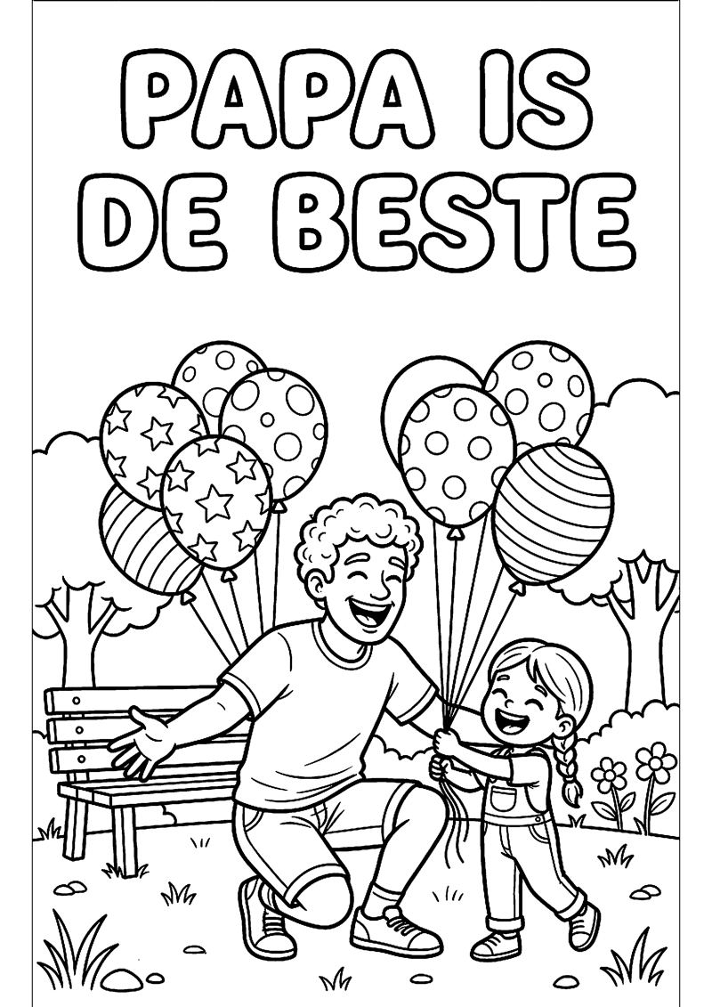 Vader Lacht met Kind en Ballonnen met Tekst Papa Is de Beste Vaderdag Kleurplaat — gratis kleurplaat printen