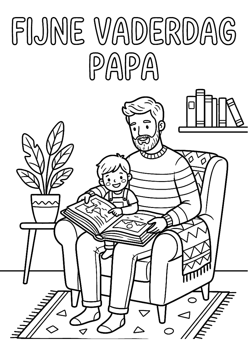 Vader leest boek met kind met tekst fijne vaderdag papa kleurplaat