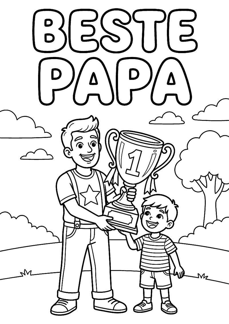Vader met Grote Trofee en Kind Trots Ernaast met Tekst Beste Papa Vaderdag Kleurplaat — gratis kleurplaat printen