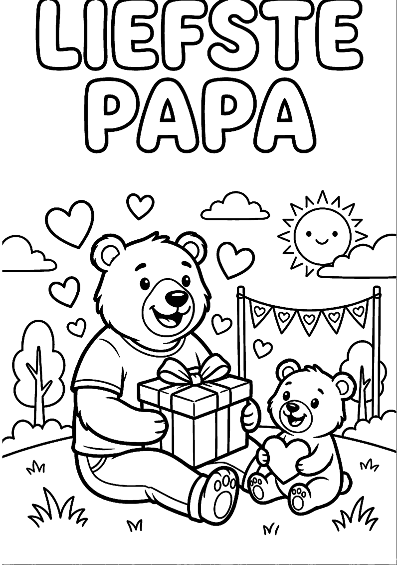 Vader met Hartjes en Cadeau met Tekst Liefste Papa Vaderdag Kleurplaat — gratis kleurplaat printen