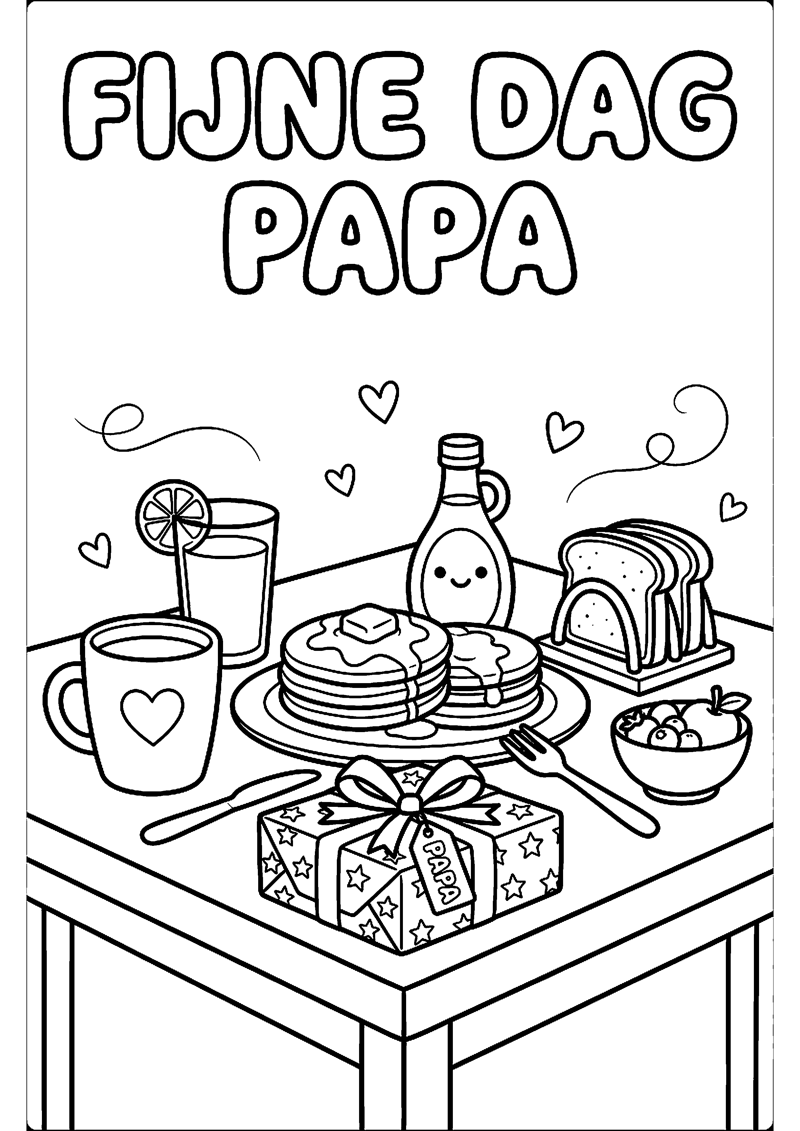 Vaderdag Ontbijt op Tafel met Cadeau met Tekst Fijne Dag Papa Vaderdag Kleurplaat — gratis kleurplaat printen
