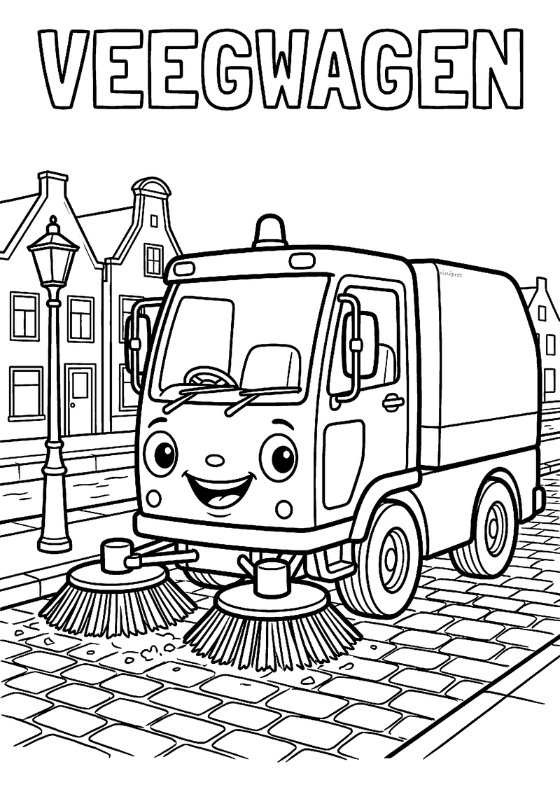 Kleurplaat van een veegwagen met lachend gezicht en ronde borstels in een straat met grachtenhuizen