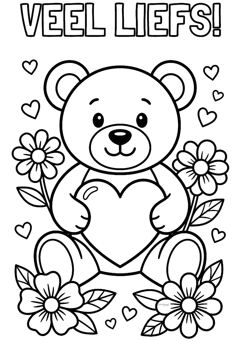 Kleurplaat met de tekst Veel liefs! en een knuffelbeer met een groot hart, omringd door bloemen en hartjes
