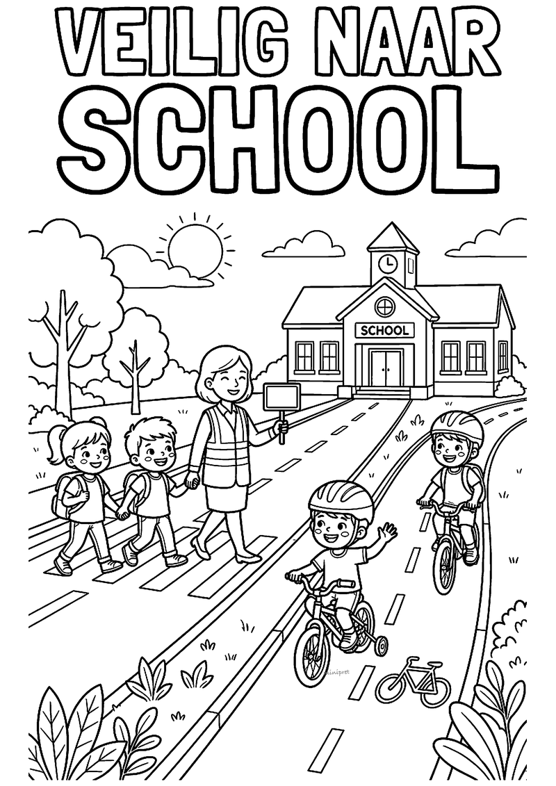 Kleurplaat van een klaar-over met hesje die kinderen helpt oversteken bij school, en twee fietsers met helm