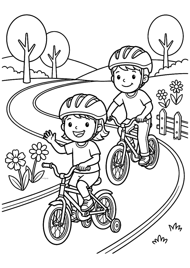 Kleurplaat van een meisje en een jongen met fietshelm die over een slingerend pad fietsen tussen bloemen
