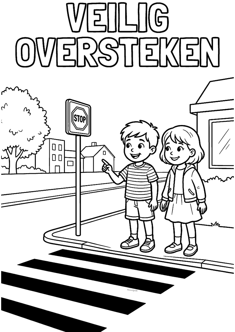 Kleurplaat van een jongen en een meisje die bij een stopbord wachten voor het zebrapad
