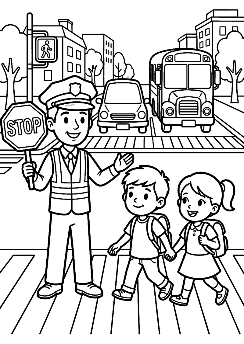 Kleurplaat van een verkeersagent met stopbord die twee kinderen over het zebrapad helpt, met wachtende auto en bus