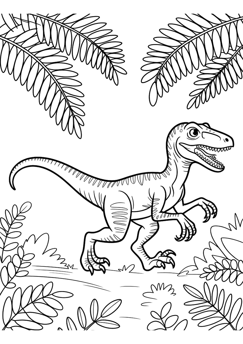 Kleurplaat van een Velociraptor die tussen varens en bladeren door een bos holt, omgeven door weelderige prehistorische