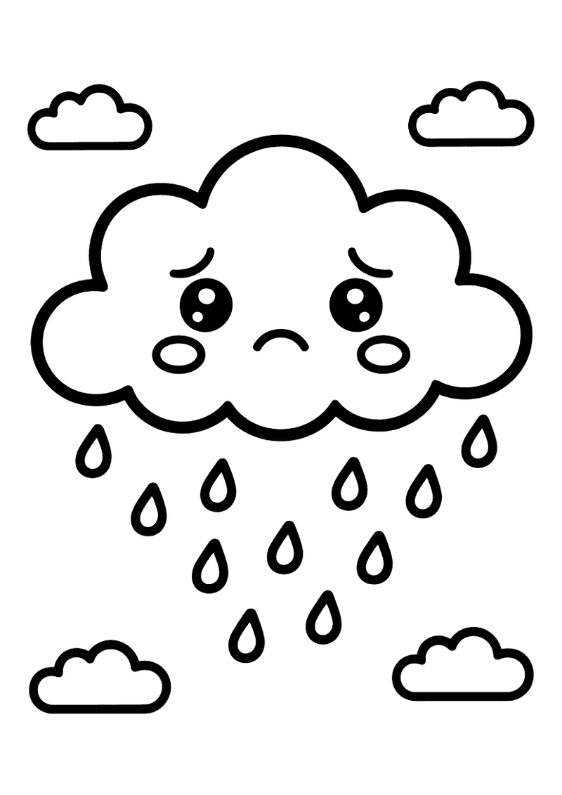 Kleurplaat van een verdrietige kawaii wolk met traanogen die regendruppels laat vallen tussen kleinere wolkjes.