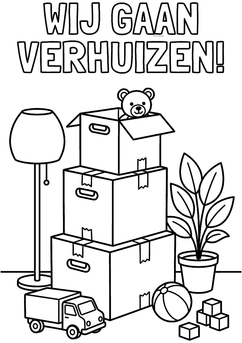 Kleurplaat van gestapelde verhuisdozen met een teddybeer, staande lamp, plant, bal, blokken en speelgoedvrachtwagen